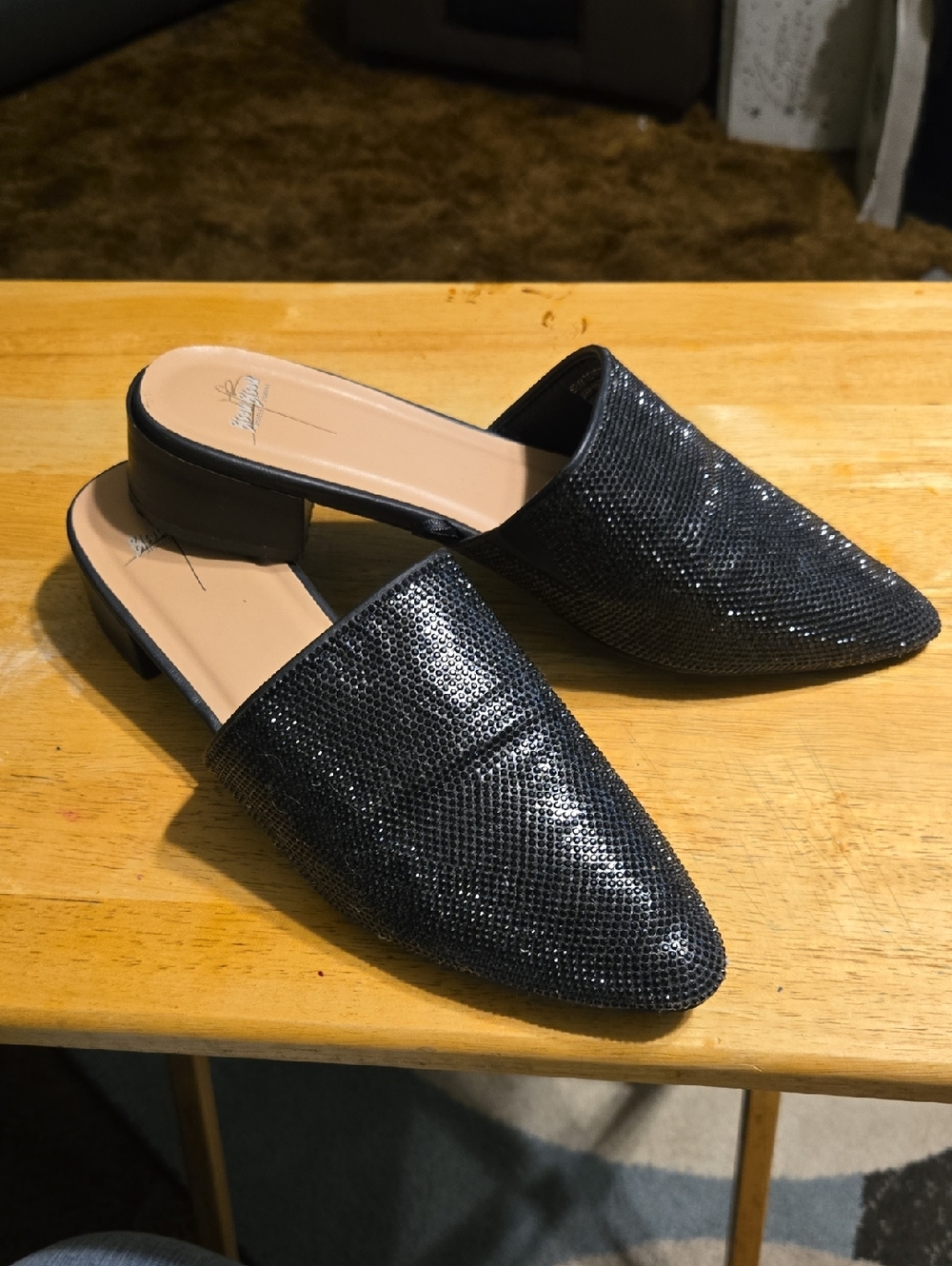 Bisou Bisou Black Sparkle Pointed Mule Slides